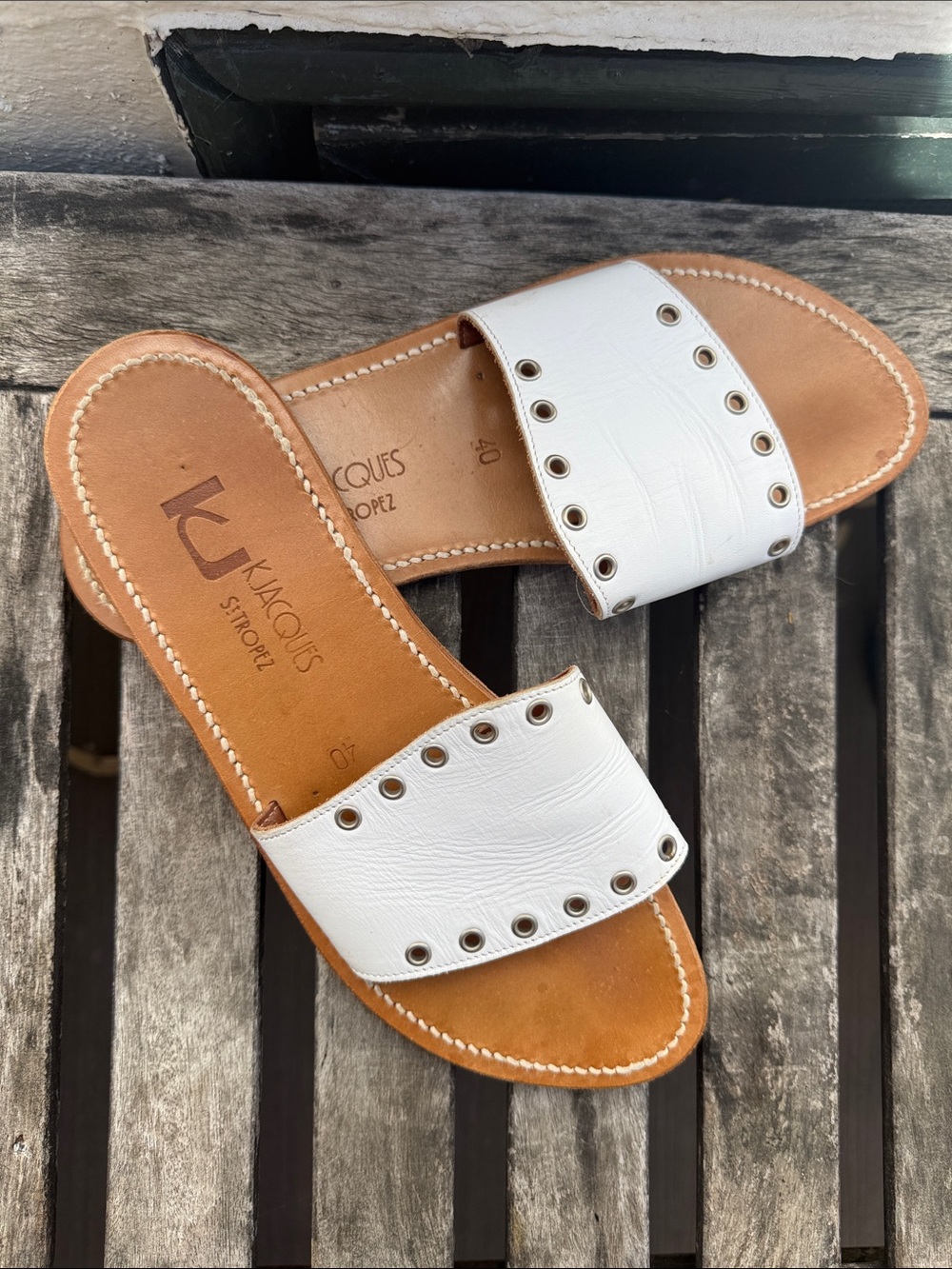K.Jacques White Leather Eyelet Slide Sandals Size 40